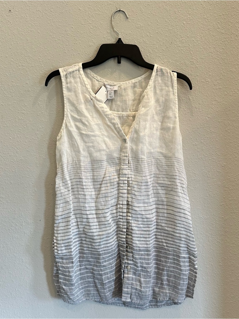 Kenar 100% Linen Striped Button Up Tunic Tank Top White Gray Size S Coastal
